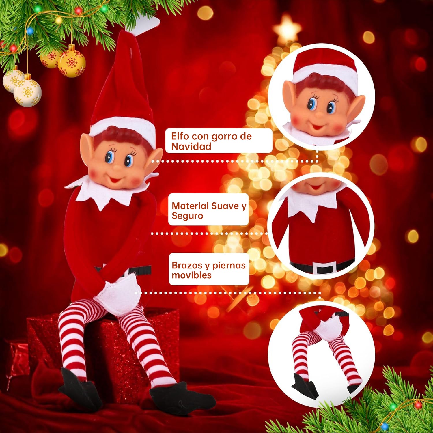 Elfo de Natal Papai Noel Perna Longa Vinil Macio Elfo com Chapéu de Elfo Grande 62 cm - 2