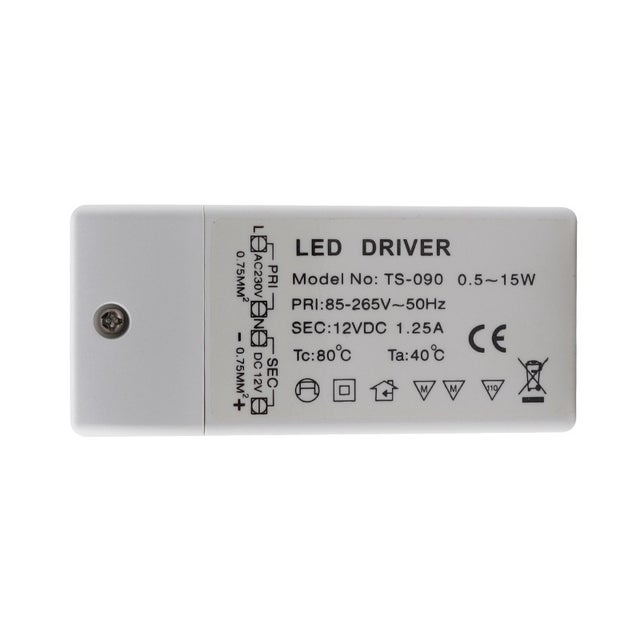 Transformateur LED 12V 1.25A 15W – Alimentation à Tension Constante pour Ampoules LED, Entrée 220-240V, Sécurisé et Compact