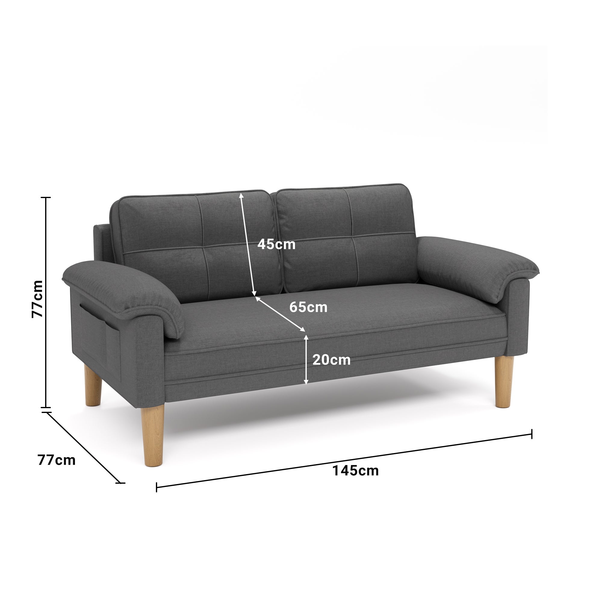 Canapé 2 places Gris Foncé en tissu,design scandinave,assise confortable,pieds en bois,pour salon et petit espace,145 x 77 x 77 cm - 3
