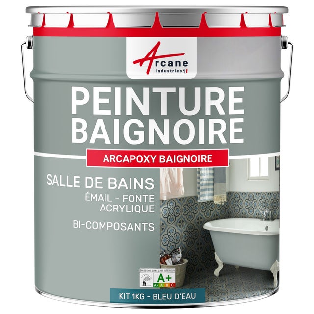 PEINTURE BAIGNOIRE LAVABO - Résine Époxy Pour Rénovation - 1 kg (jusqu'à 3 m² en 2 couches) Bleu D'eau - RAL 5021 - ARCANE INDUSTRIES