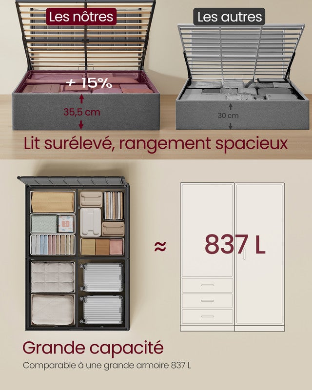 Cadre de Lit, 140 x 190 cm, Sommier Relevable, avec Rangement, Tête de Lit, Système Hydraulique, Moderne et Minimaliste, Montage Facile, Gris Foncé - 3