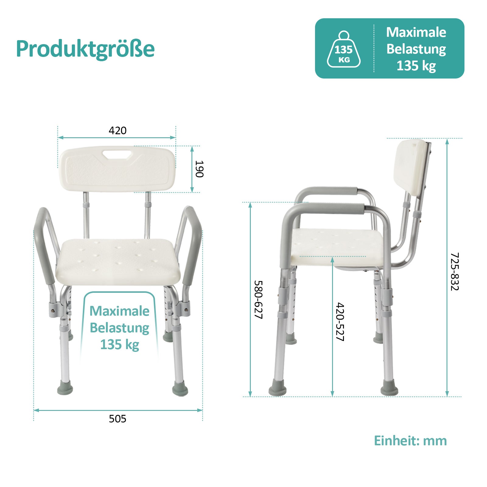 EMKE Sedia da doccia con schienale e braccioli, sedile per doccia regolabile in altezza, sgabello da doccia antiscivolo, capacità 135 kg, alluminio - 4