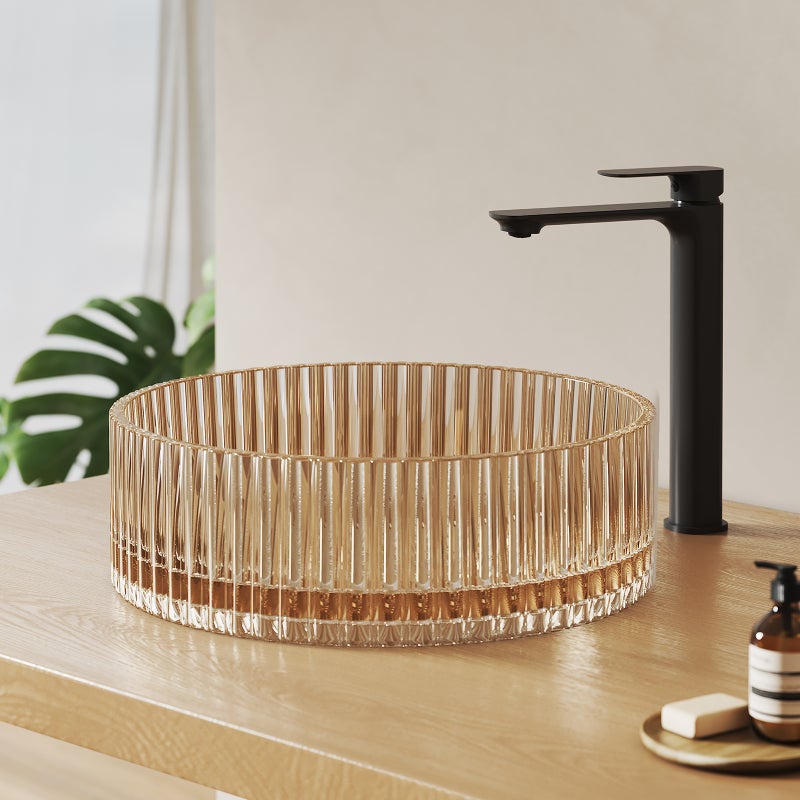 EMKE Umywalka nablatowa 40x40x12 cm, Okrągła umywalka szklana w kolorze różowego złota, montaż nablatowy