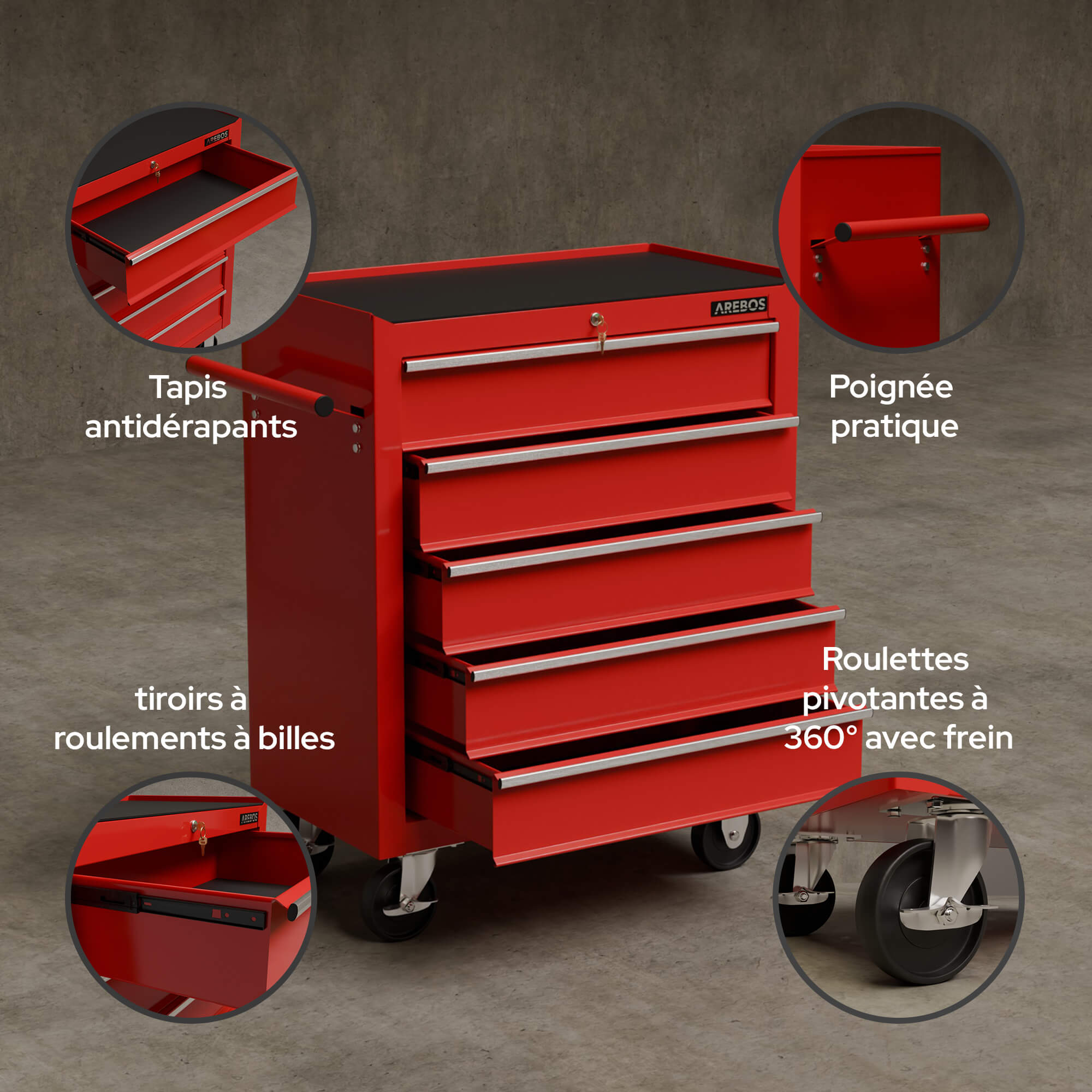 AREBOS Chariot à outils AREBOS avec 5 tiroirs, système de verrouillage central, roues pivotantes freinables, plan de travail résistant aux rayures - 6