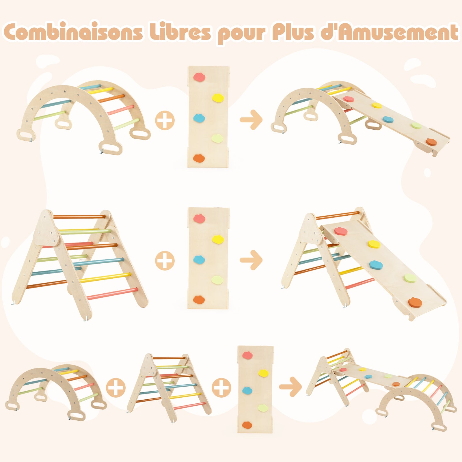 7 en 1 Triangle d'escalade Montessori Enfants avec Rampe, Arc d'escalade en Bois Hêtre avec Tente & Bascule & Échelle, Charge 50KG, pour 1 An + - 4