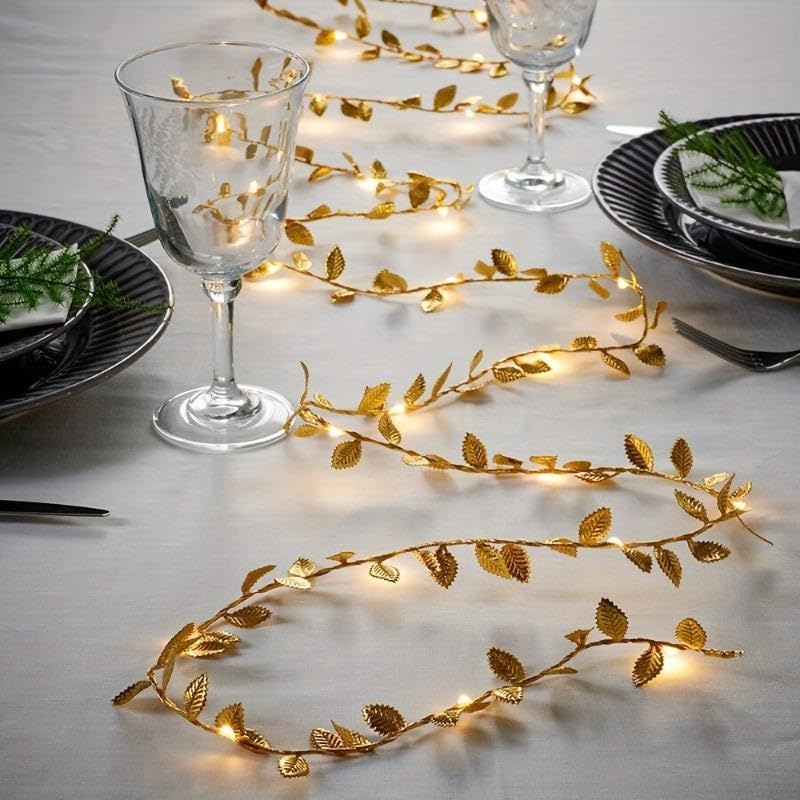 Guirlande lumineuse feuille d'or - 5 mètres, 50 LED - Fonctionne avec piles - Décoration d'automne - Lumière blanche chaude - 5