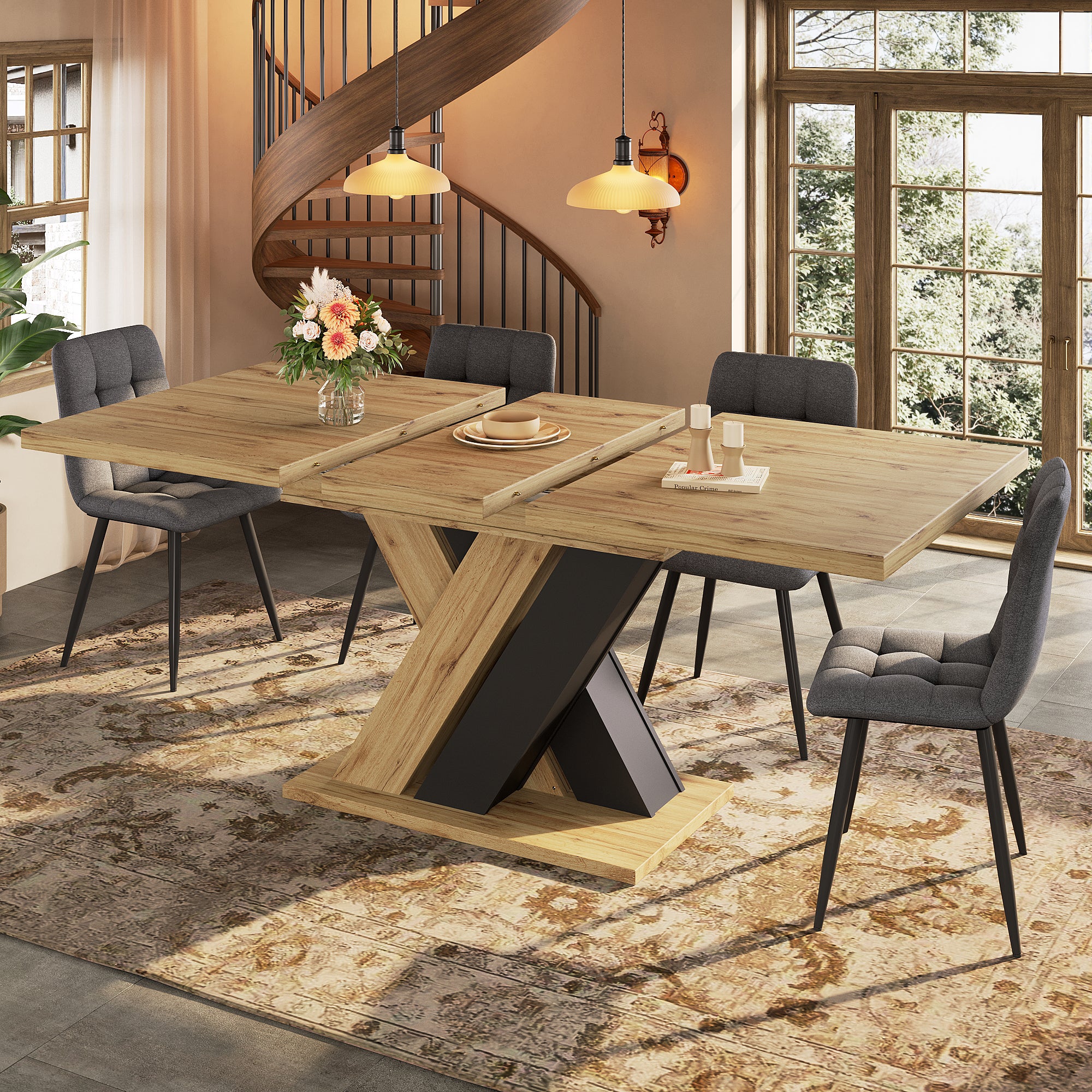 Table de Cuisine Extensible (119-158,5×80×75 cm), avec Pieds en X, Compartiments de Rangement intégrés, Table de Manger Extensible,Naturelle + Noir - 2