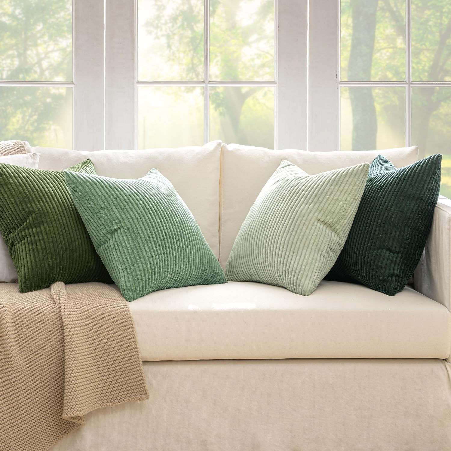Housses de Coussin en Velours Côtelé Carrées Décoratives Douces pour Le Douce en Velours Rayé Lot de 4 - 45x45cm Série Forest Green - 5