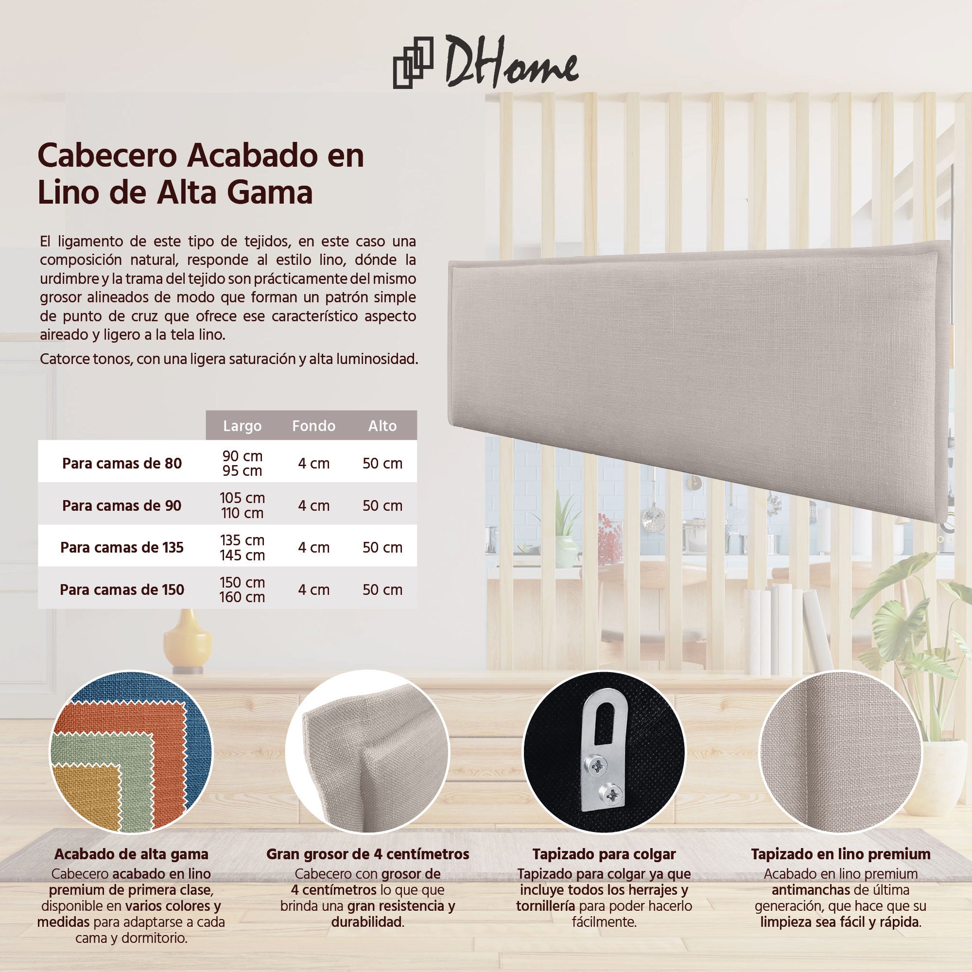 DHOME Cabecero de Lino Natural Liso con Ribete Cabezal Tapizado Cama Dormitorio Moderno Top Trending (Beige, 135cm) - 2