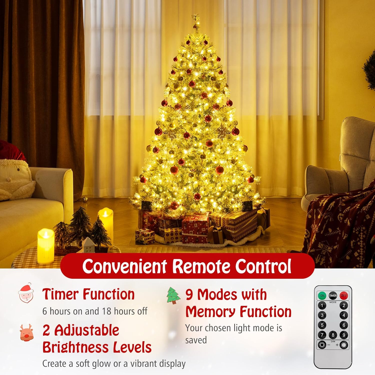 Albero di Natale Artificiale 180 CM, Albero di Natale Pre-Illuminato con 350 Luci LED Multicolore e Calde, 9 Modalità, 598 Punte di Pino, 42 P - 4