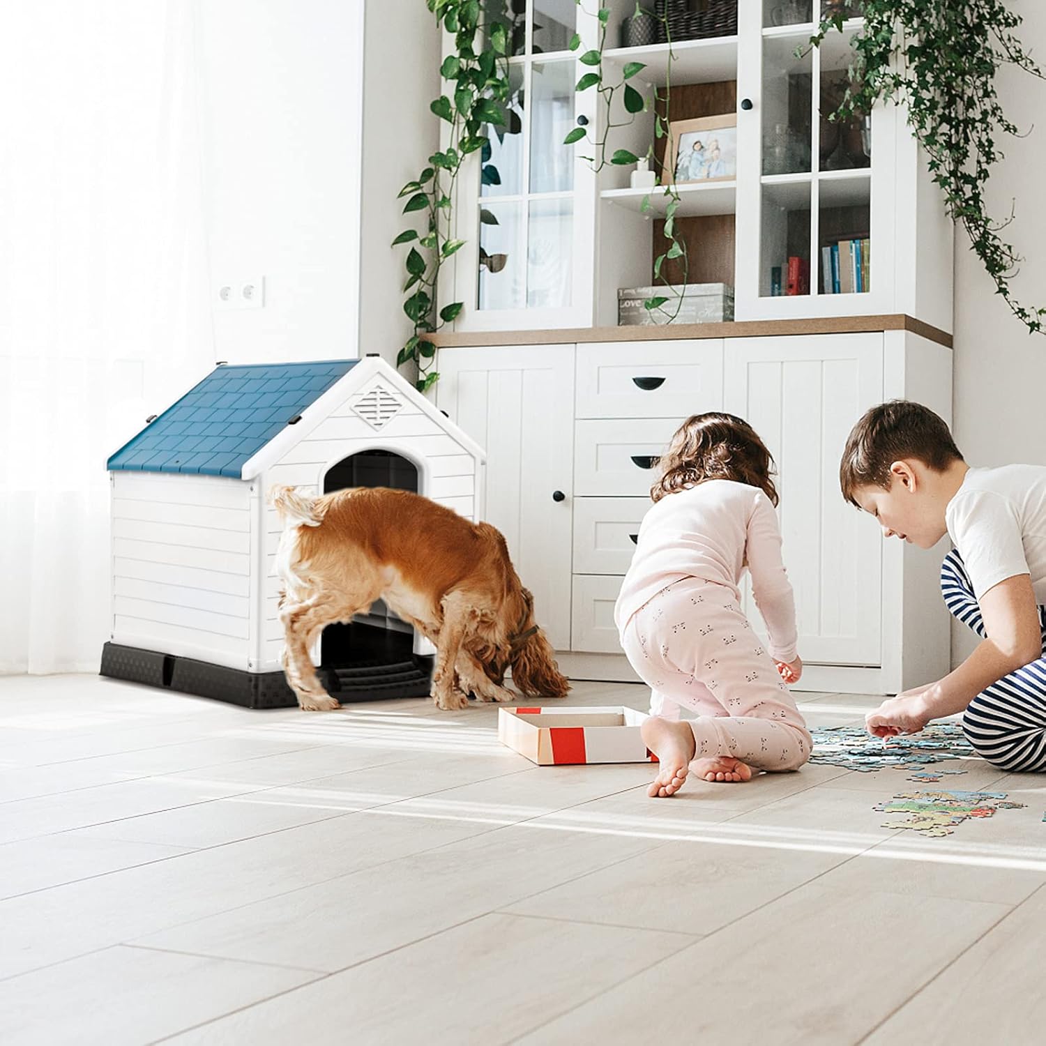 Plastikowa Buda dla Psa z Otworami Wentylacyjnymi i Podwyższoną Podłogą, Domek dla Psa z Wodoodpornym Dachem, Niebiesko-Biały (M) - 4