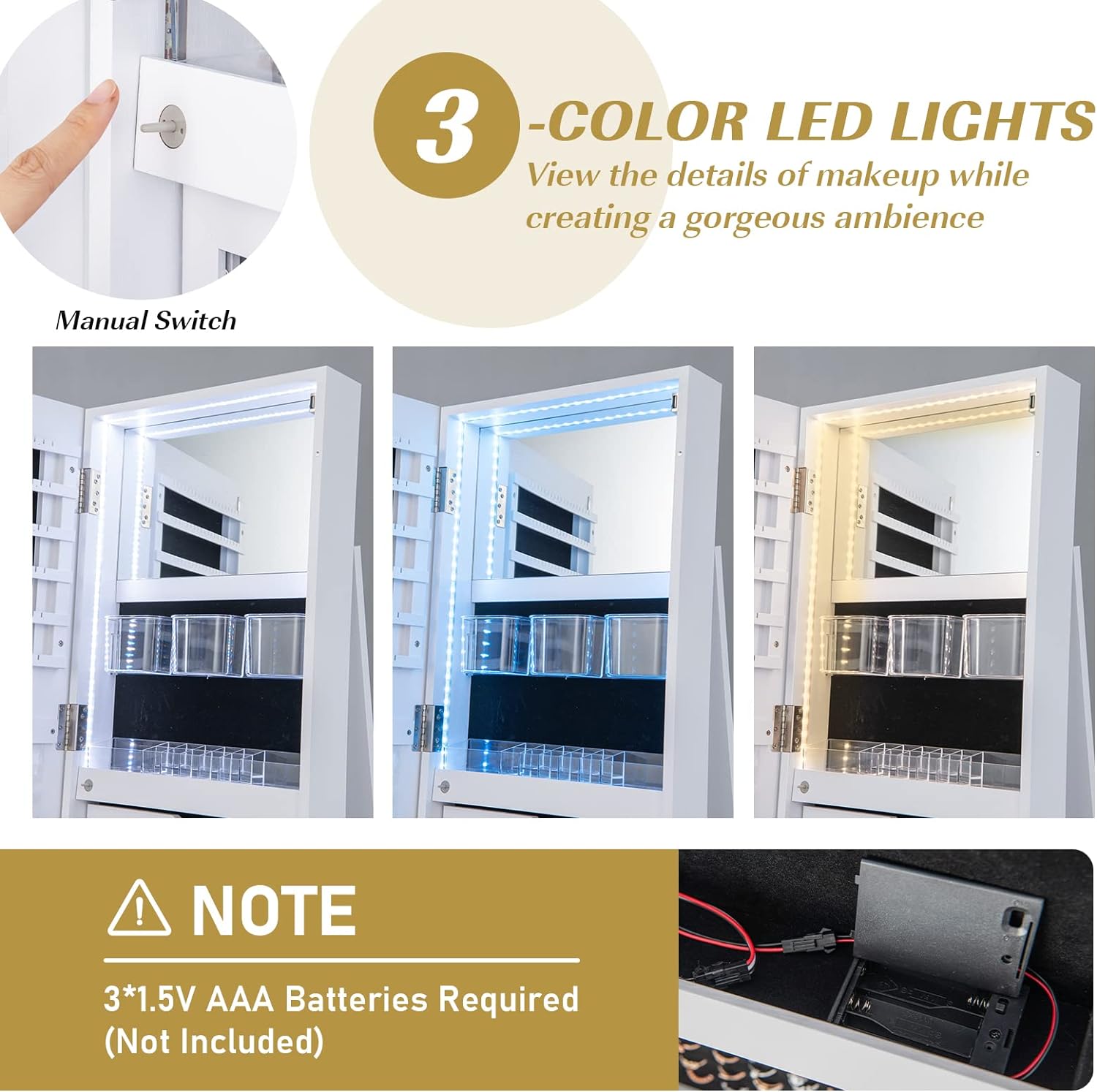 Armadietto per Gioielli Girevole a 360°, con Specchio a Figura Intera Luce a LED a 3 Colori, Specchio Interno per il Trucco con Serratura, 54,5x 54,5 - 6