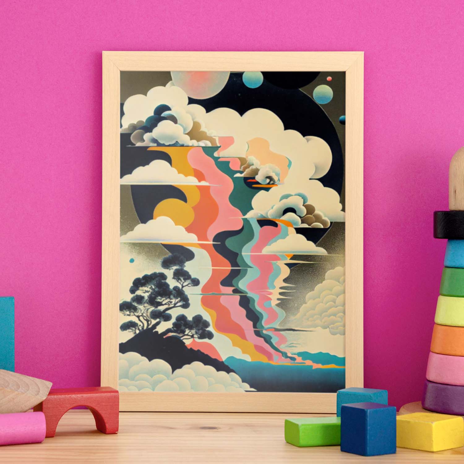 Nacnic abstract surreal ukiyo 21. estampados de arte estético de pared para el diseño de dormitorio o sala de estar. a3 marco madera
