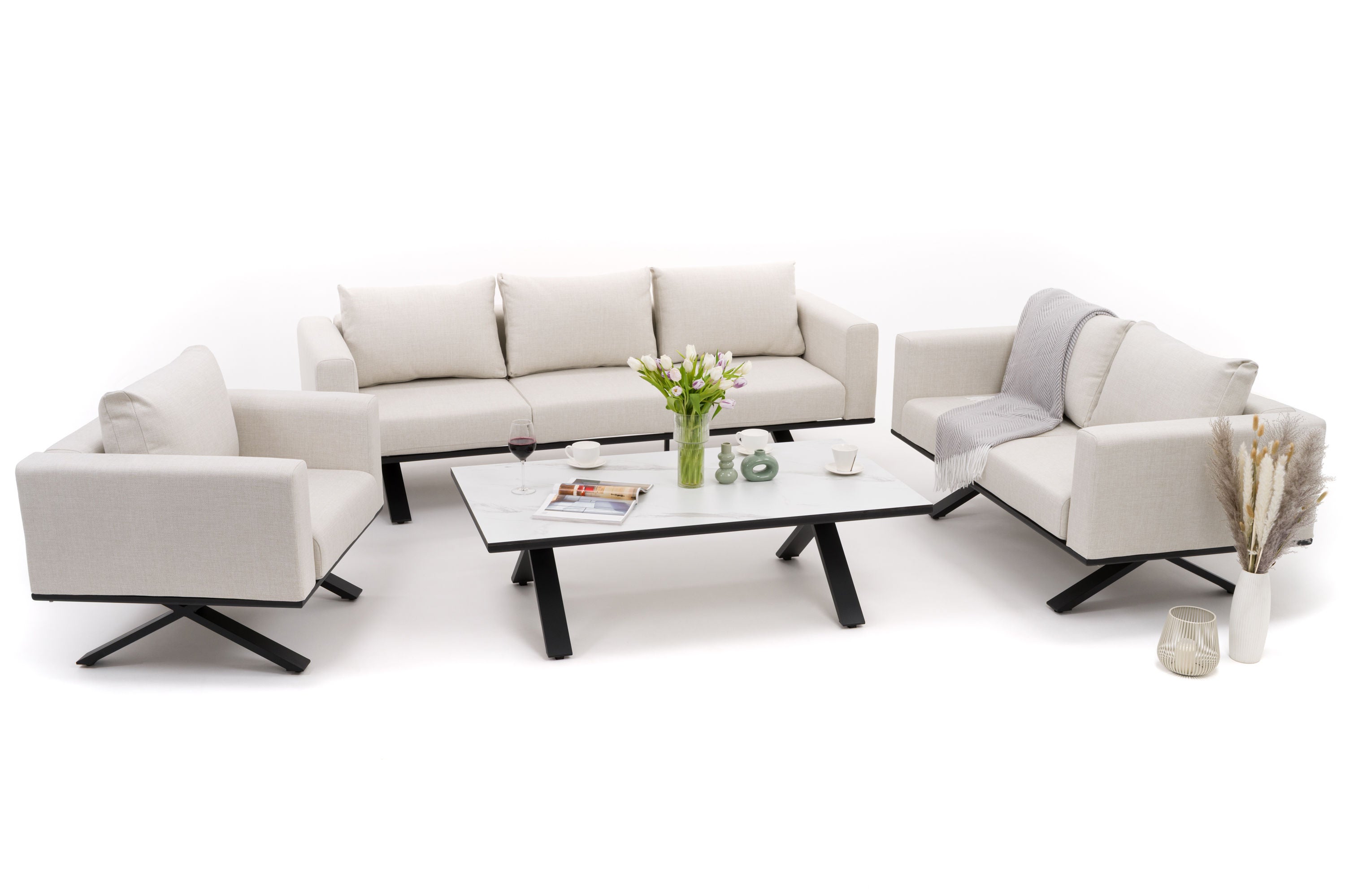 Zestaw mebli ogrodowych fotel sofa kanapa aluminiowy z blatem z płyty HPL MARABELLA beżowo biały