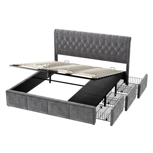 Lit Double 160x200 Cm Avec Rangement Hydraulique Et Tiroirs - Tête De Lit Réglable - Sans Matelas - 2