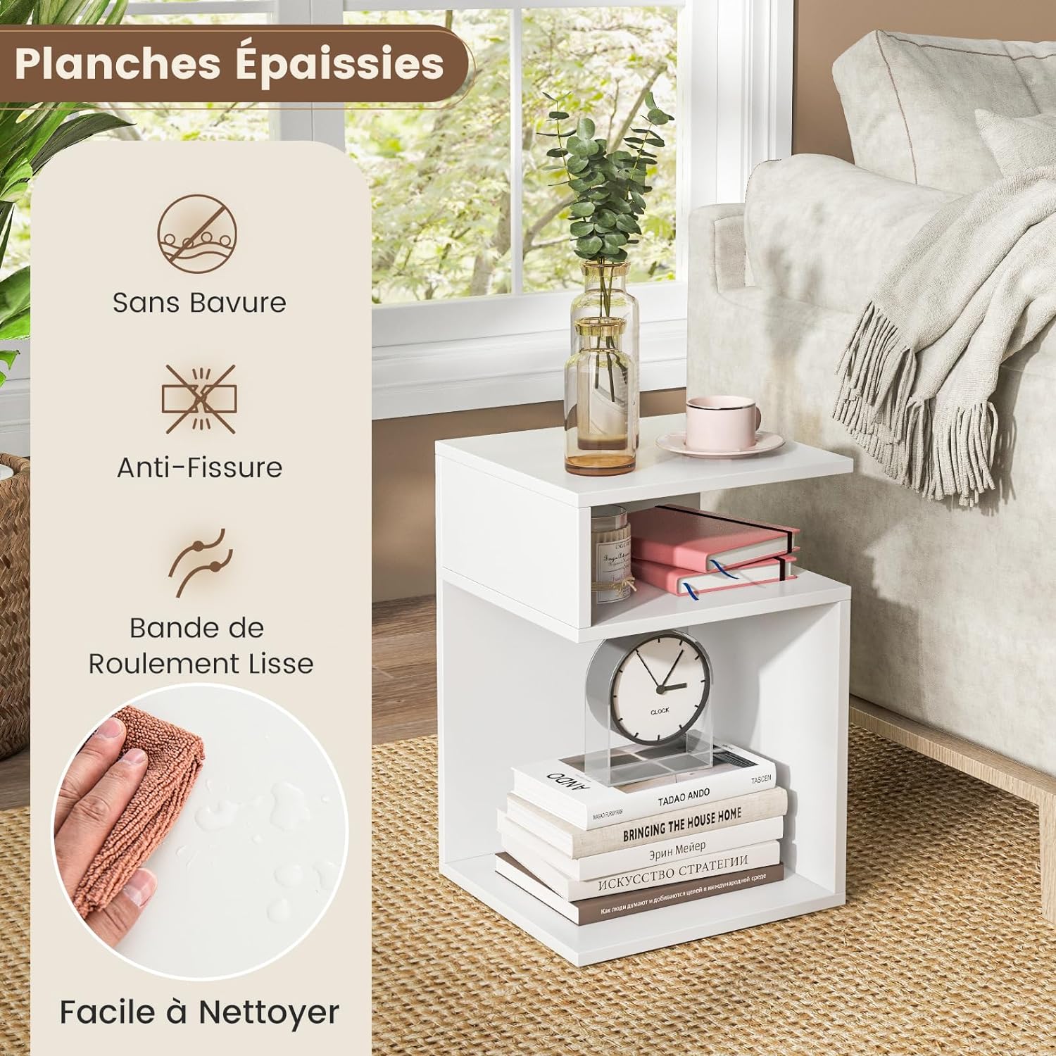 Table d’Appoint, Bout de Canapé de Salon en Forme ‘S’ avec 2 Casiers Ouverts, Chambre - 3