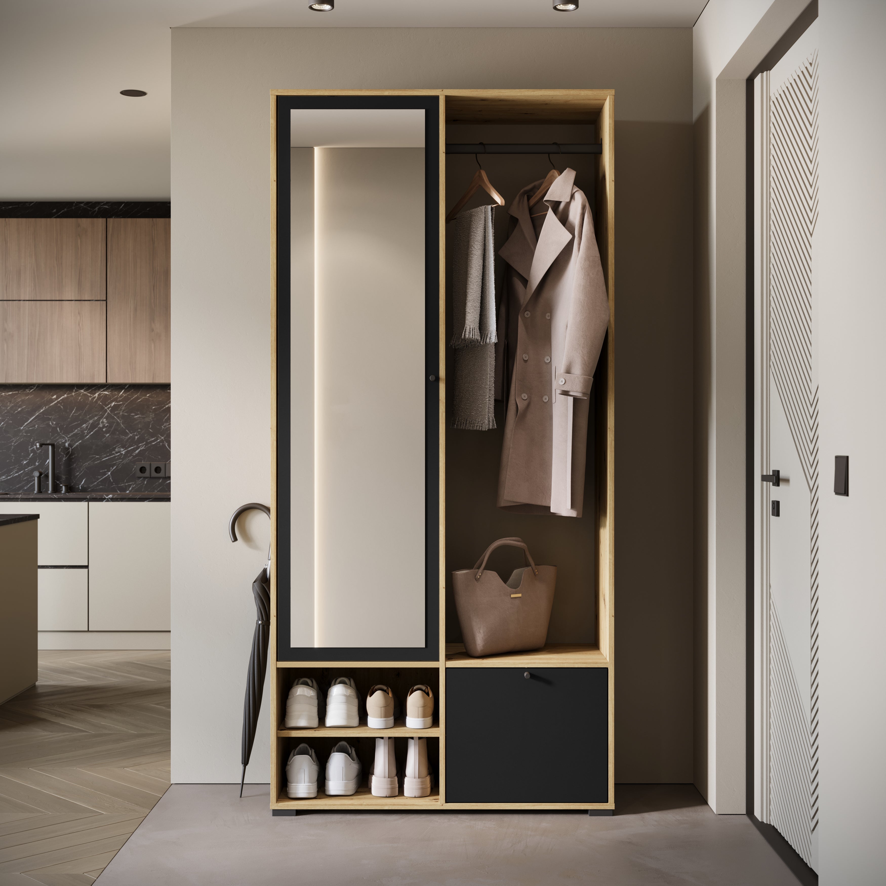 Minio go for it, Ensemble vestiaire DAFNI avec miroir 90x190x33, artisan/noir - 3