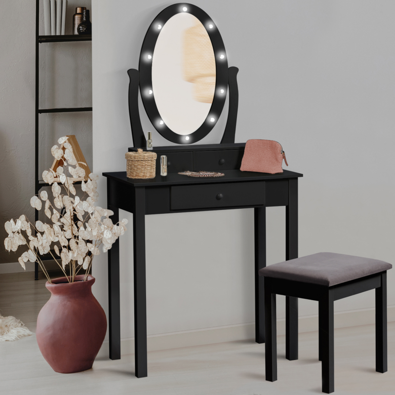 Coiffeuse BELLA bois noir avec miroir LED et tabouret | Leroy Merlin