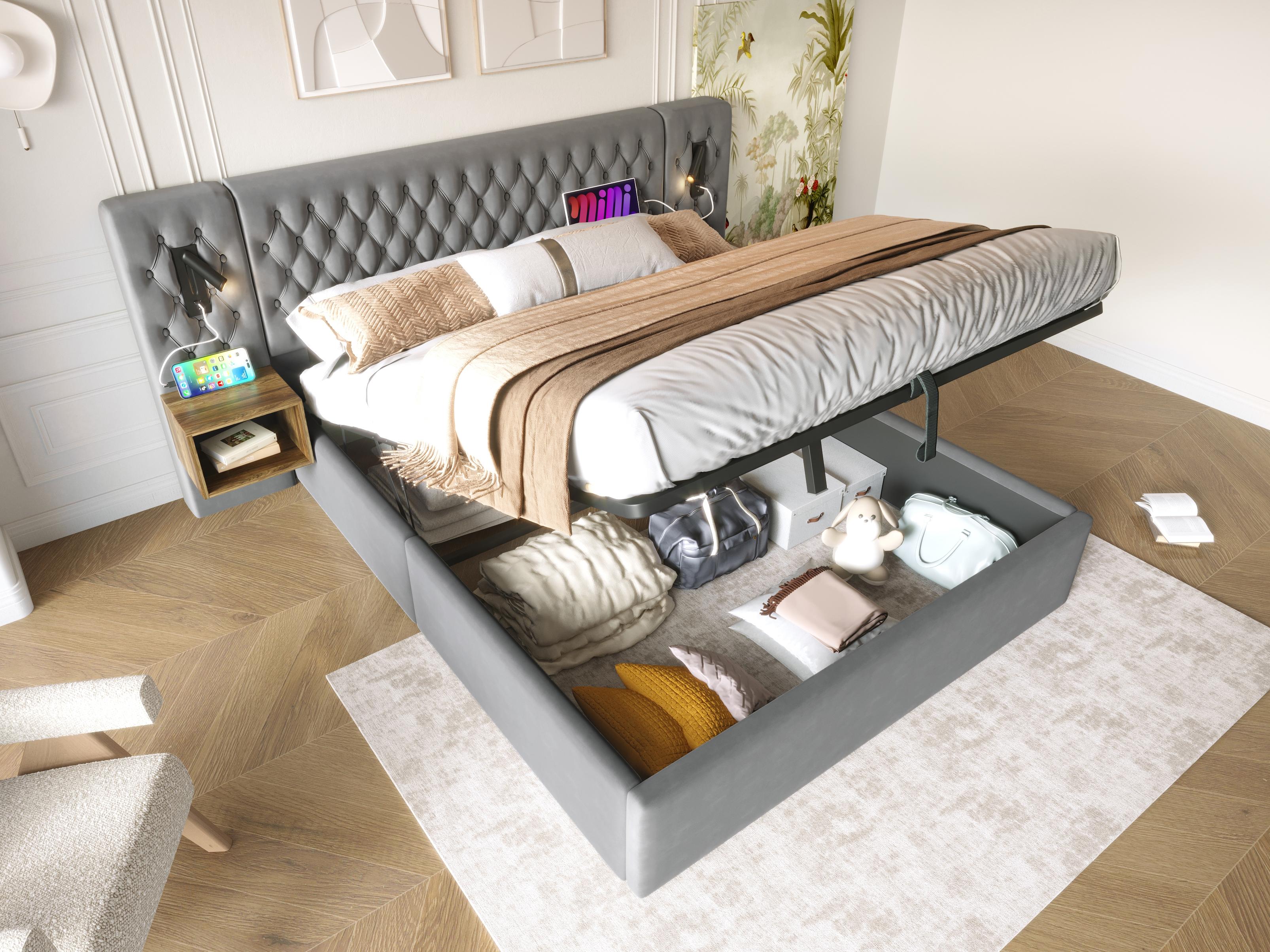 Aksamitne łóżko skrzyniowe 180x200 cm - 2 szafki nocne + 2 lampki do czytania z wtyczką USB - Szare (materac nie wchodzi w skład zestawu)