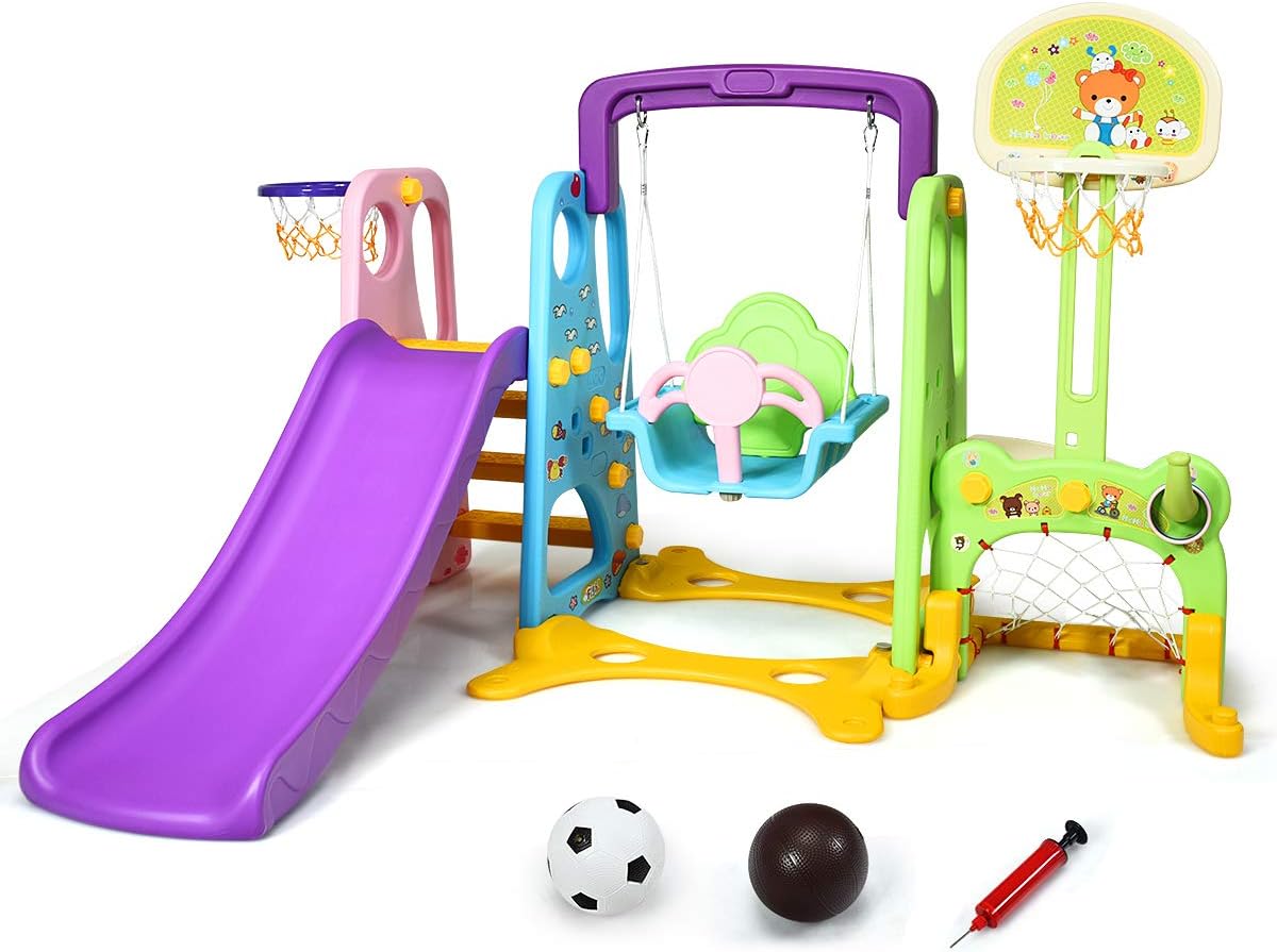 Clarmaro Crazy Zoo Parco Giochi Bambini 3 In 1 - Scivolo 165 Cm, Altalena E Canestro Da Basket - Torre Gioco Per Interni/Esterni