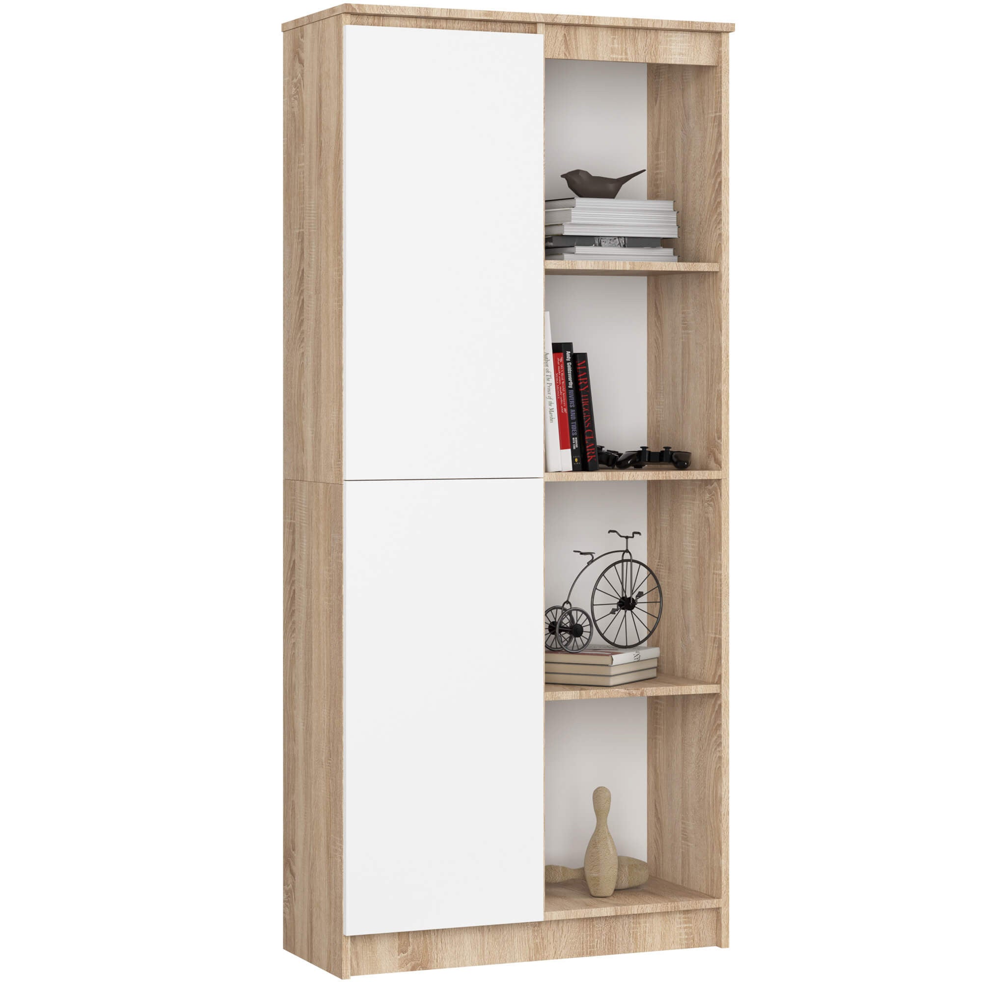 Regał AKORD R80 Dąb Sonoma 80 cm 1 drzwi kolor Biały mat 8 półek 80x35x180 cm