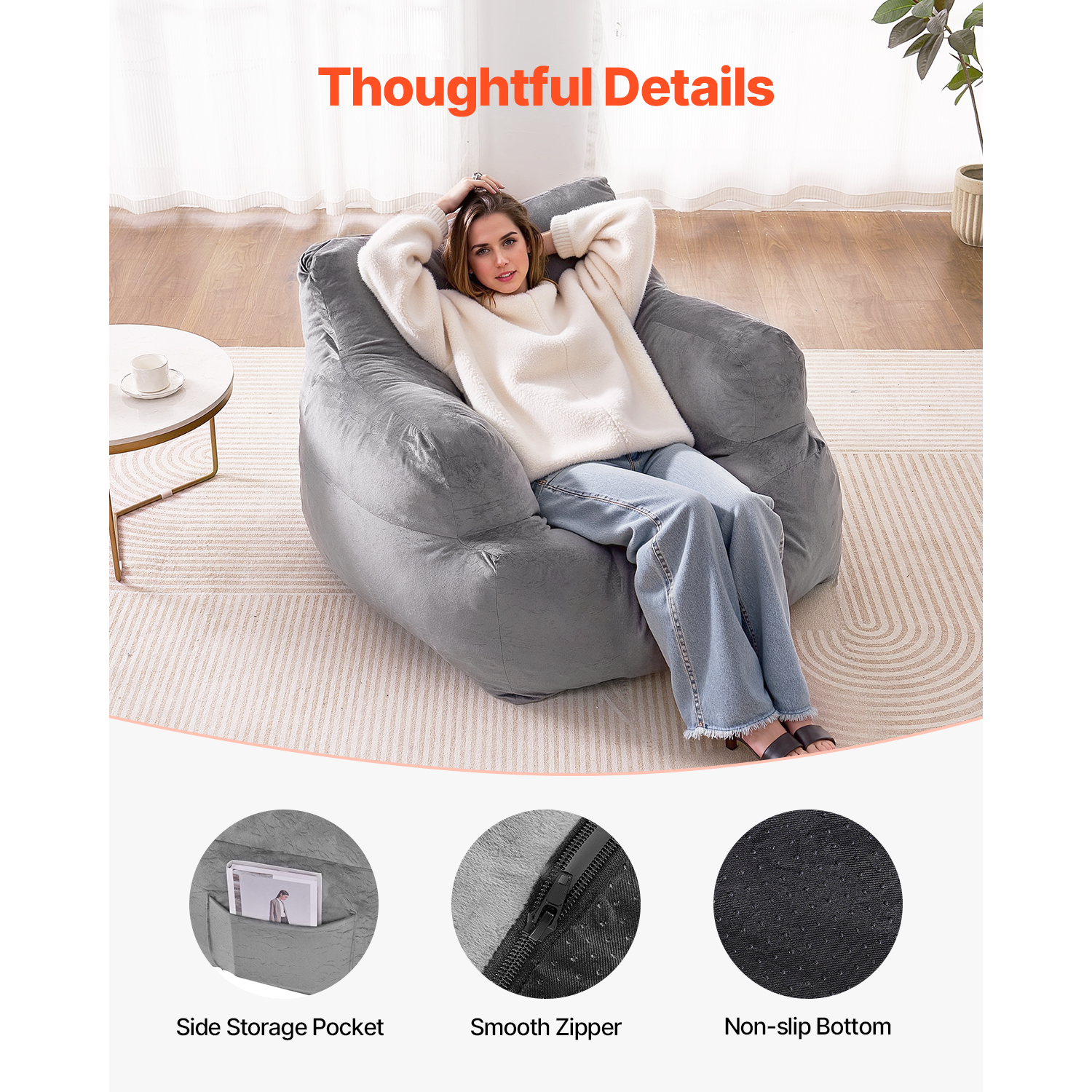 Pouf fauteuil adulte,SucceBuy accoudoirs,peluche moelleuse,mousse haute densité,Zapper,confortable pour salon,chambre,gris - 7