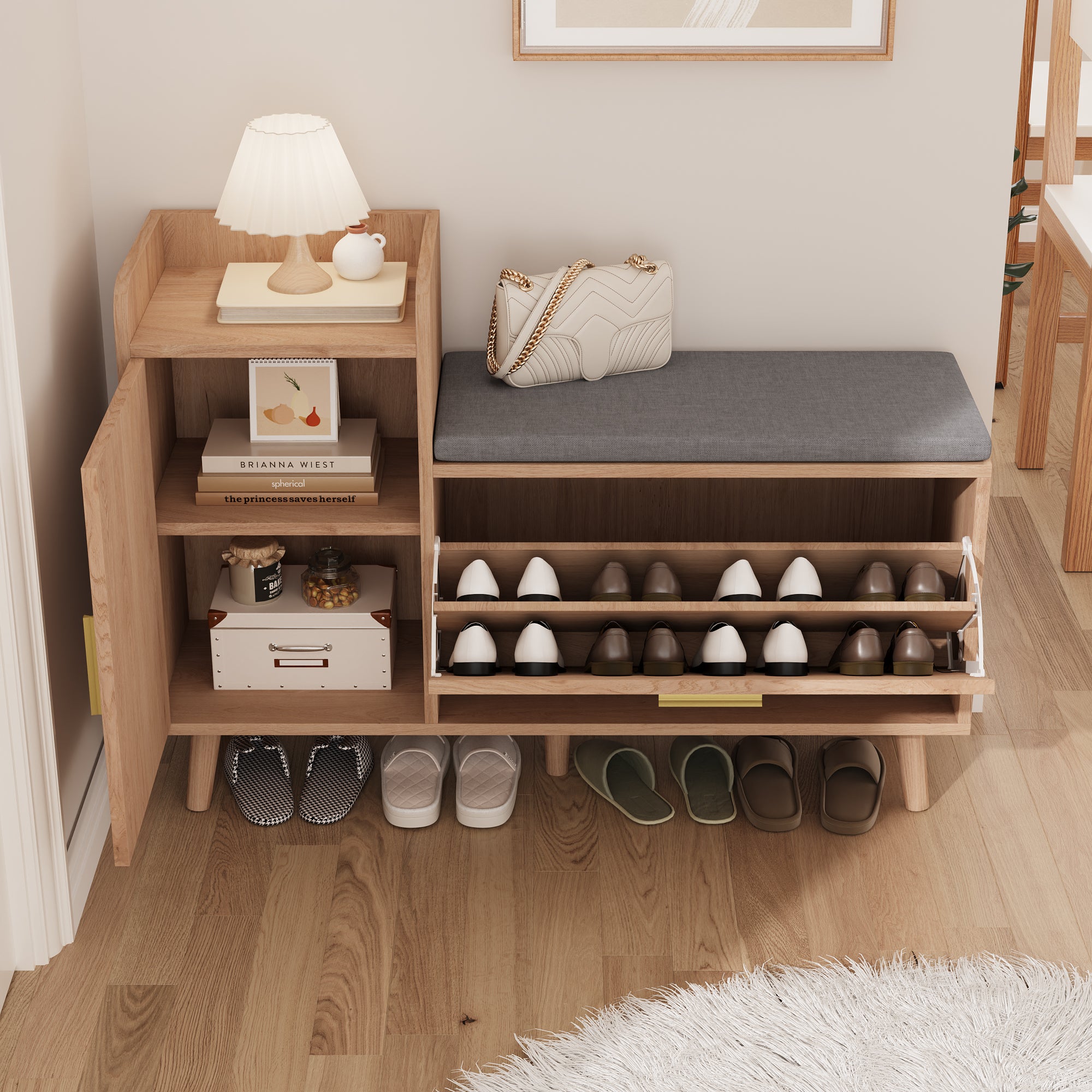 Banc à Chaussures Entrée, Banc de Rangement avec Étagère à Chaussures Rabattable et Étagères Réglables, Meuble à Chaussures avec Banquette Rembourré - 7