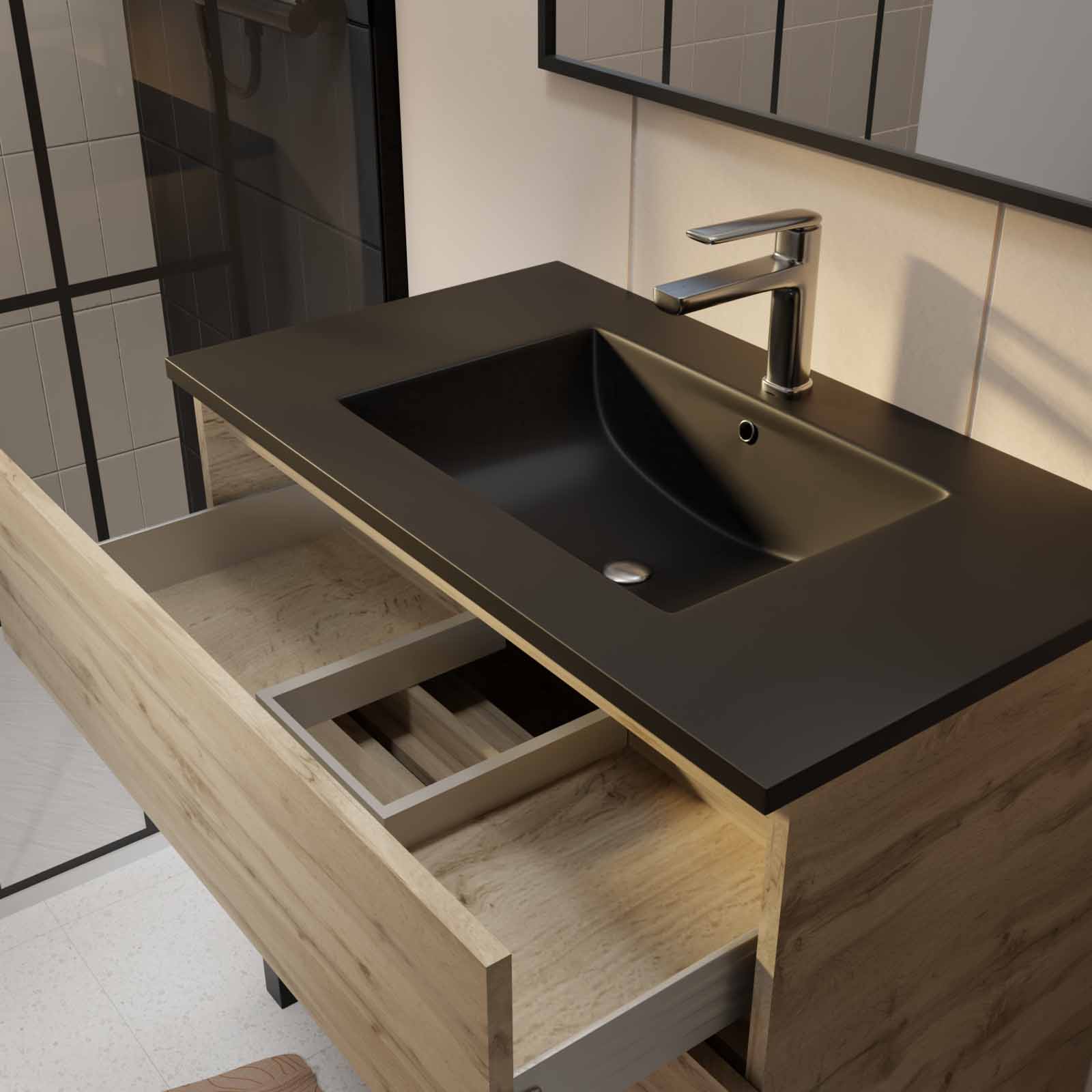 Meuble salle de bains 80cm décor chene naturel 3 tiroirs - Vasque noire et Miroir - TIMBER - 2