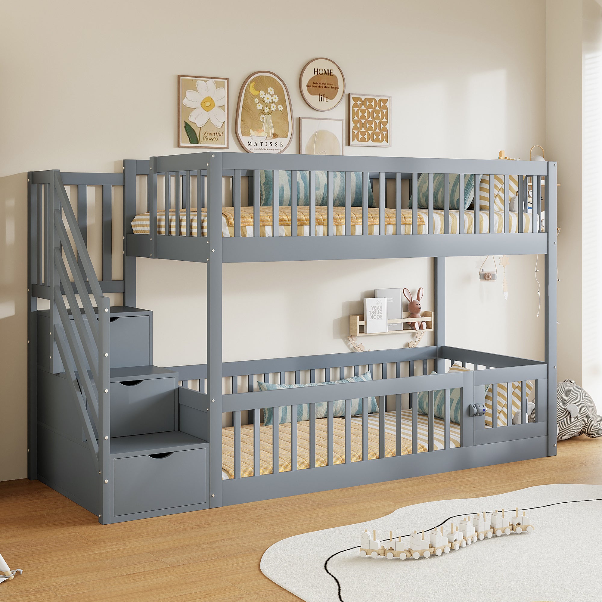 Łóżka piętrowe 2 x 90 x 200 cm z 3 szufladami i barierkami zabezpieczającymi - Drewno lite + sklejka + MDF - Szare (bez materaca)