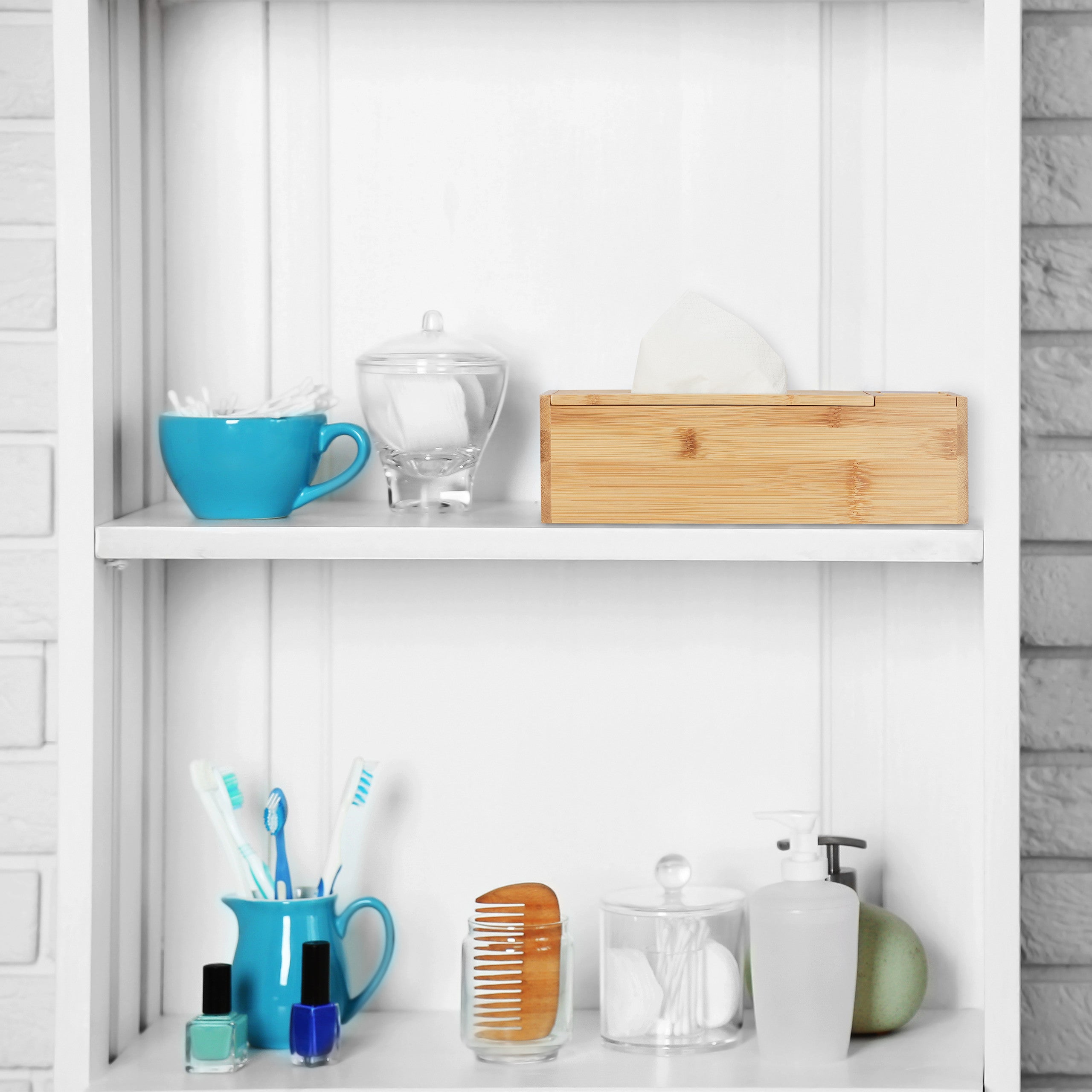 Distributeur de mouchoir avec couvercle, salle de bain, 2 compartiments, bambou, 9 x 30,5 x 14,5 cm, naturel, Relaxdays - 2