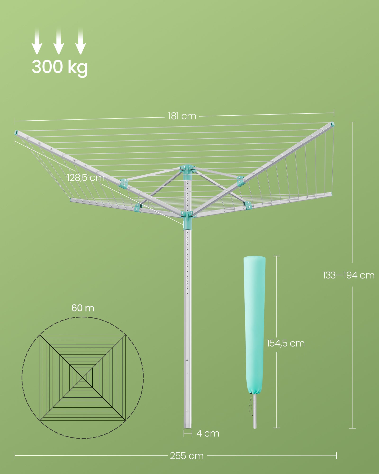 Étendoir à Linge Extérieur Réglable, en Alliage d'Aluminium, avec Housse et Pinces, Corde 60 m, Argent et Vert - 5