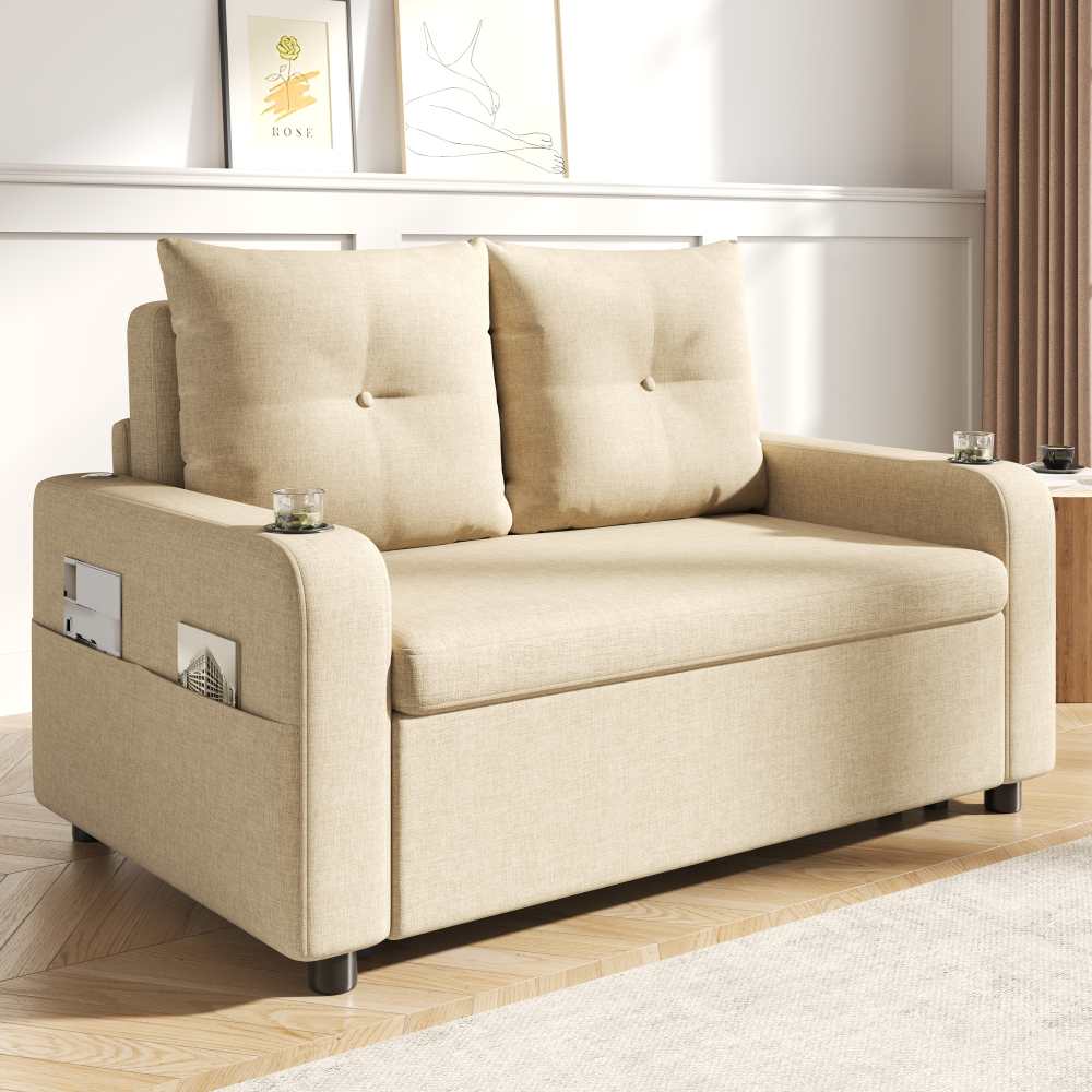 Canapé-lit 3-en-1, convertible, double avec porte-gobelet, poches latérales, coussins, USB, design moderne, beige - 3