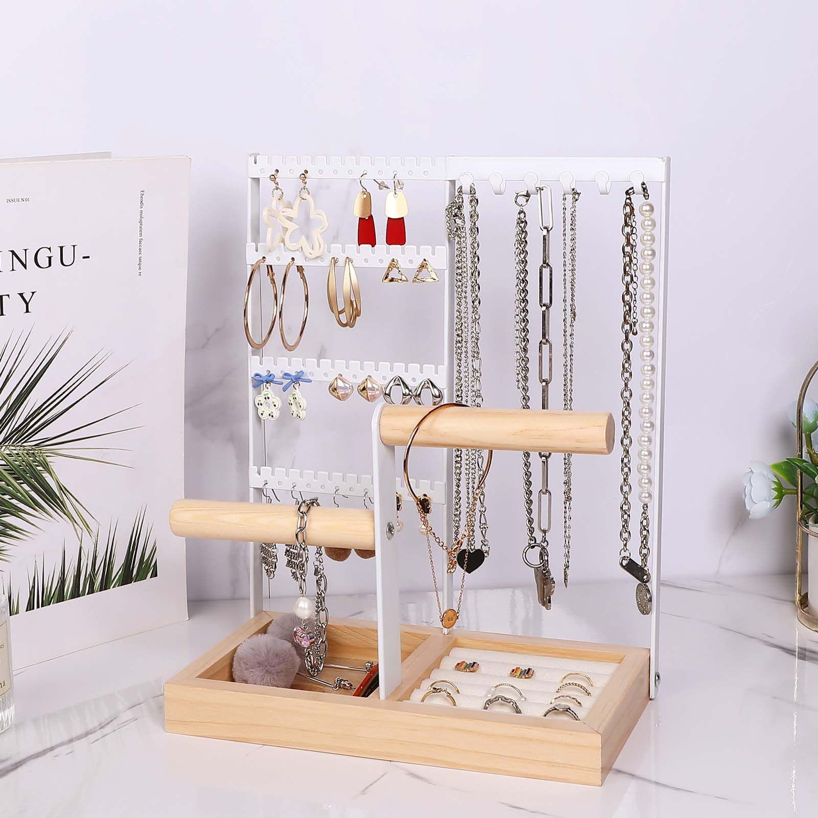 Présentoir à bijoux porte-chaîne en Metal et Bois Durable,4 niveaux, avec Plateau et Crochets,rangement pour bagues, boucles d'oreilles,bracelets - 4
