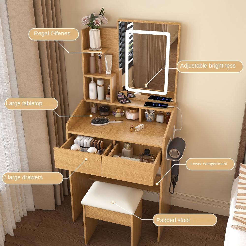 Coiffeuse LED MDF couleur bois naturel 60x36x130 cm miroir éclairé USB tiroirs tabouret rembourré - 5