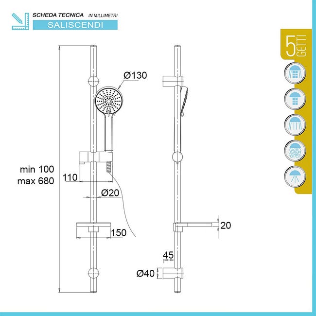 Asta Doccia Saliscendi Inox Regolabile 68cm - Con Supporto Manuale, Cromo - Foto 12