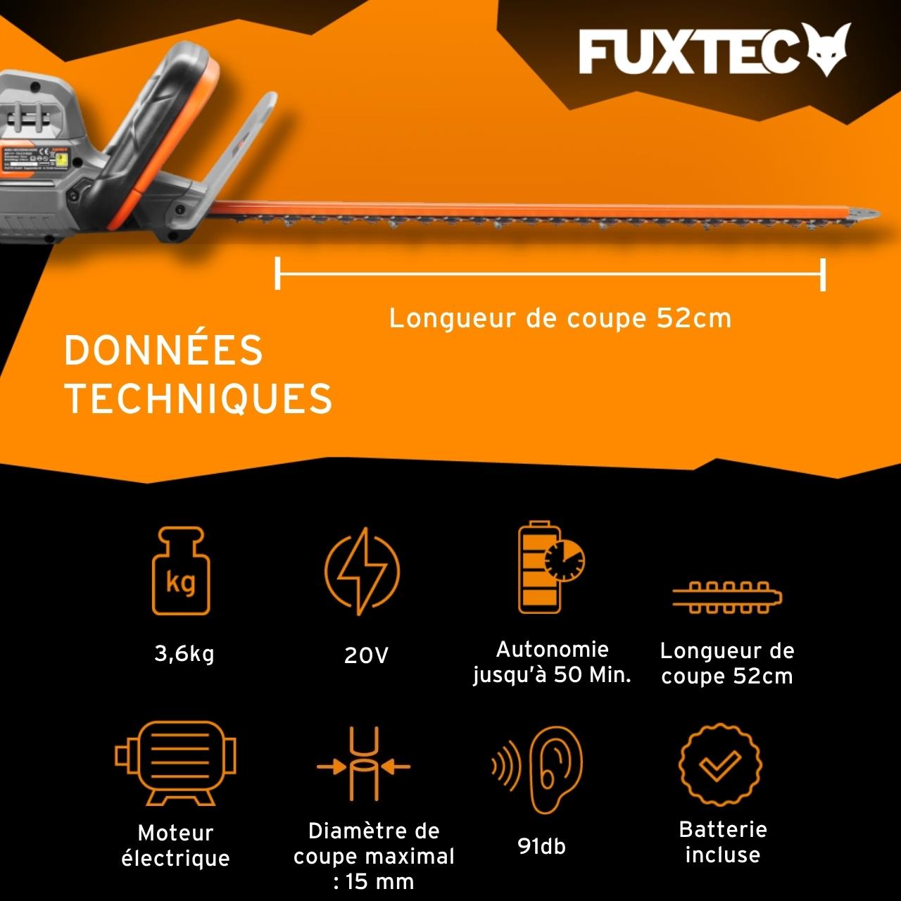 Tagliasiepi a batteria 20V FUXTEC FX-E1HS20 - kit incl. batteria e caricabatterie -lunghezza di taglio di 520mm per rami fino a 15mm - 3