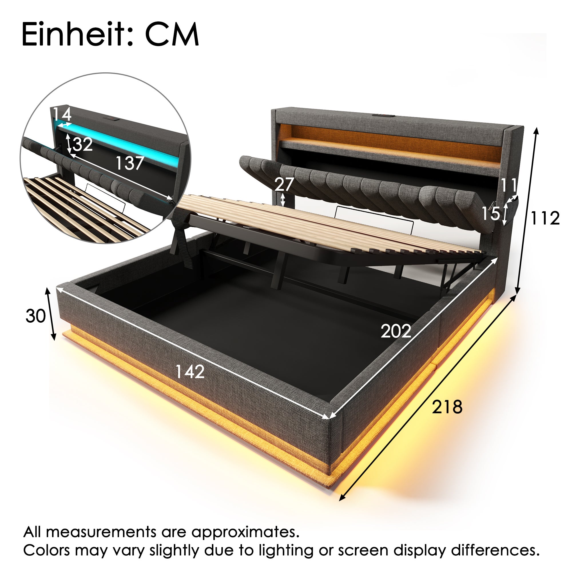 Cama con almacenaje tapizada 140x200cm - con LED - con puertos USB y Tipo C - Tejido de lino - Cabecero con espacio de almacenaje - Gris - 5