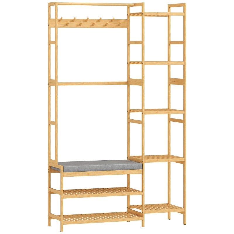 Perchero con estante para zapatos, ganchos para ropa, soporte para abrigos, banco con cojín, para pasillo, entrada, madera natural