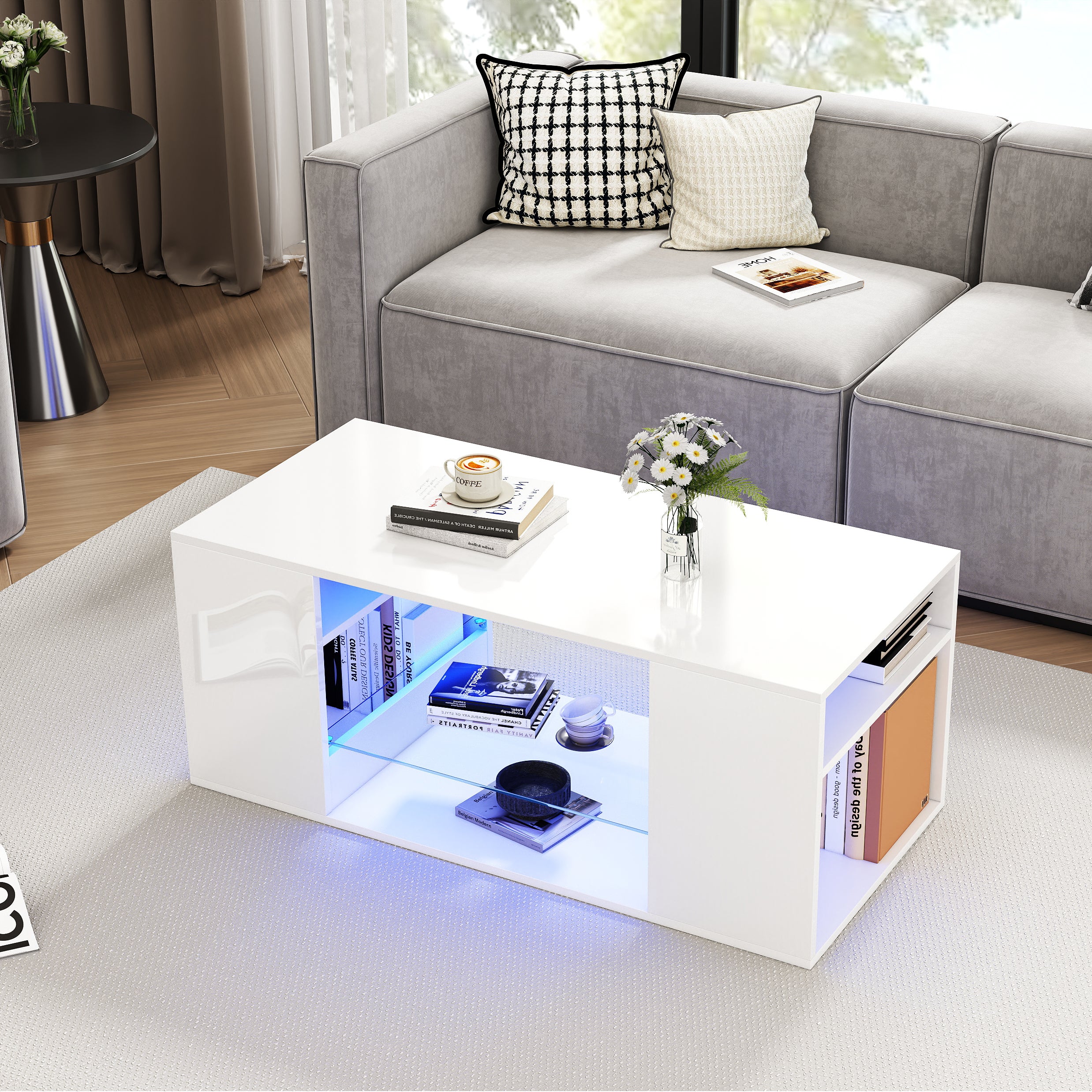 Stolik kawowy z 2 półkami - 96 x 45 x 45 cm - Diody LED - Płyta wiórowa i szkło - Biały połysk - 4