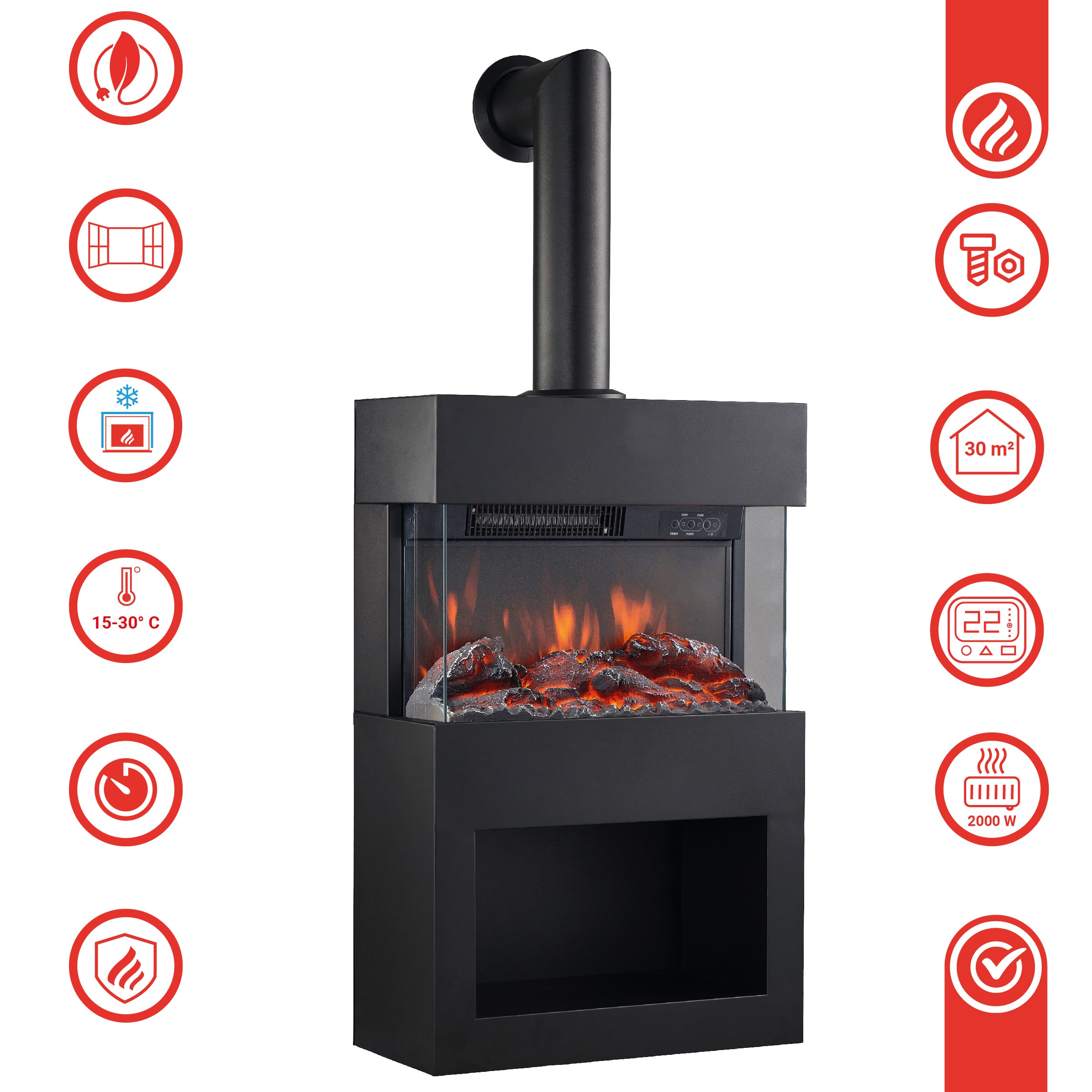 KAMINIO Cheminée Électrique HENRI avec Tuyau - Poêle avec Chauffage, Effet de flamme 3D, Compartiment à bois, Télécommande - Noir - 4