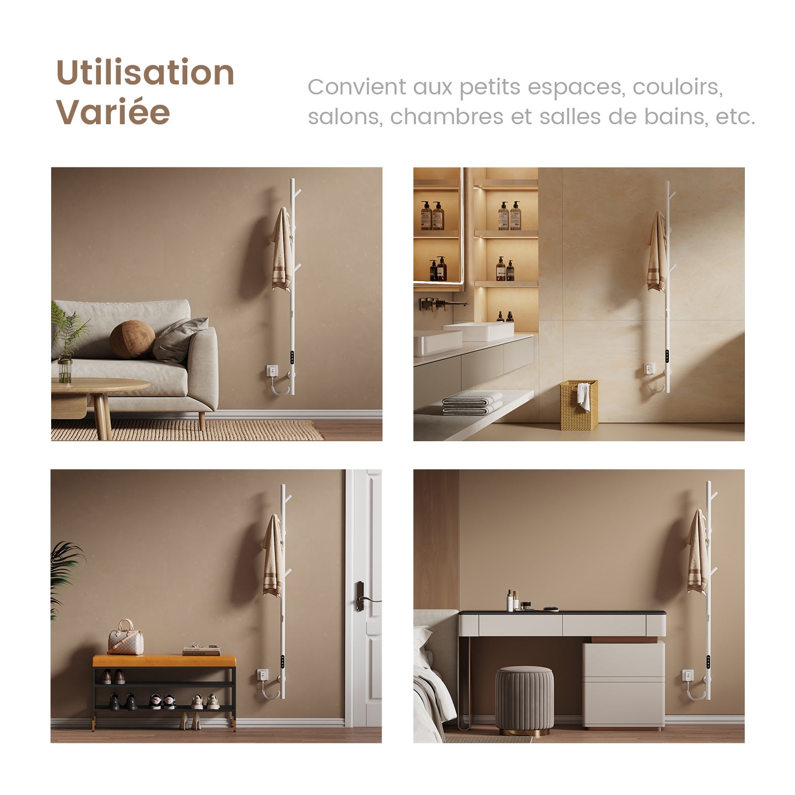 EMKE Chauffe-serviettes Électrique, thermostat intelligent WiFi, sèche-serviettes électrique, barre unique, 150 cm de hauteur, Blanc - 7