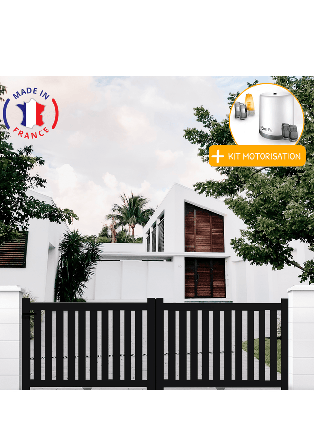 Portail aluminium coulissant ajouré en kit+ Motorisation dimensions L.3000 (entre piliers) X H.1200 mm Couleurs Noir (RAL 9005)