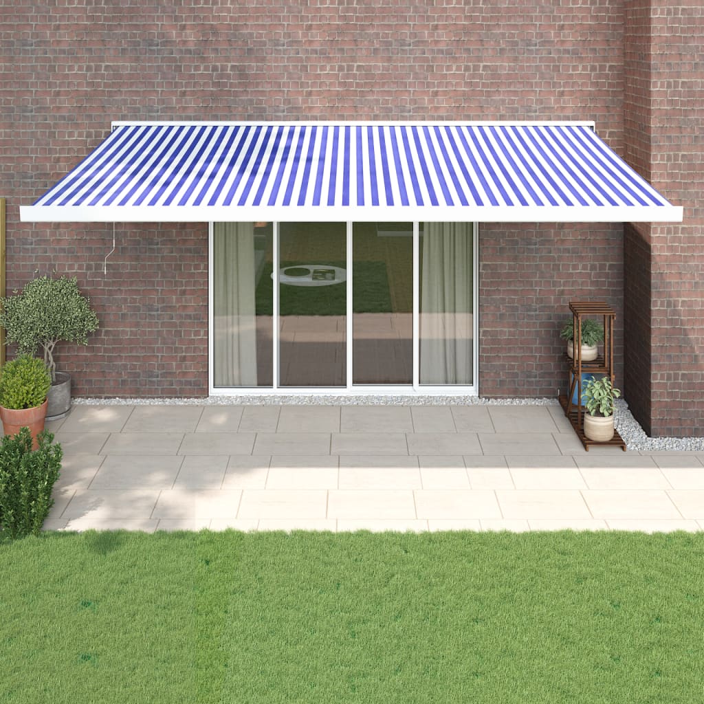 Toldo retráctil, azul y blanco, 5x3 m, tela y aluminio.
