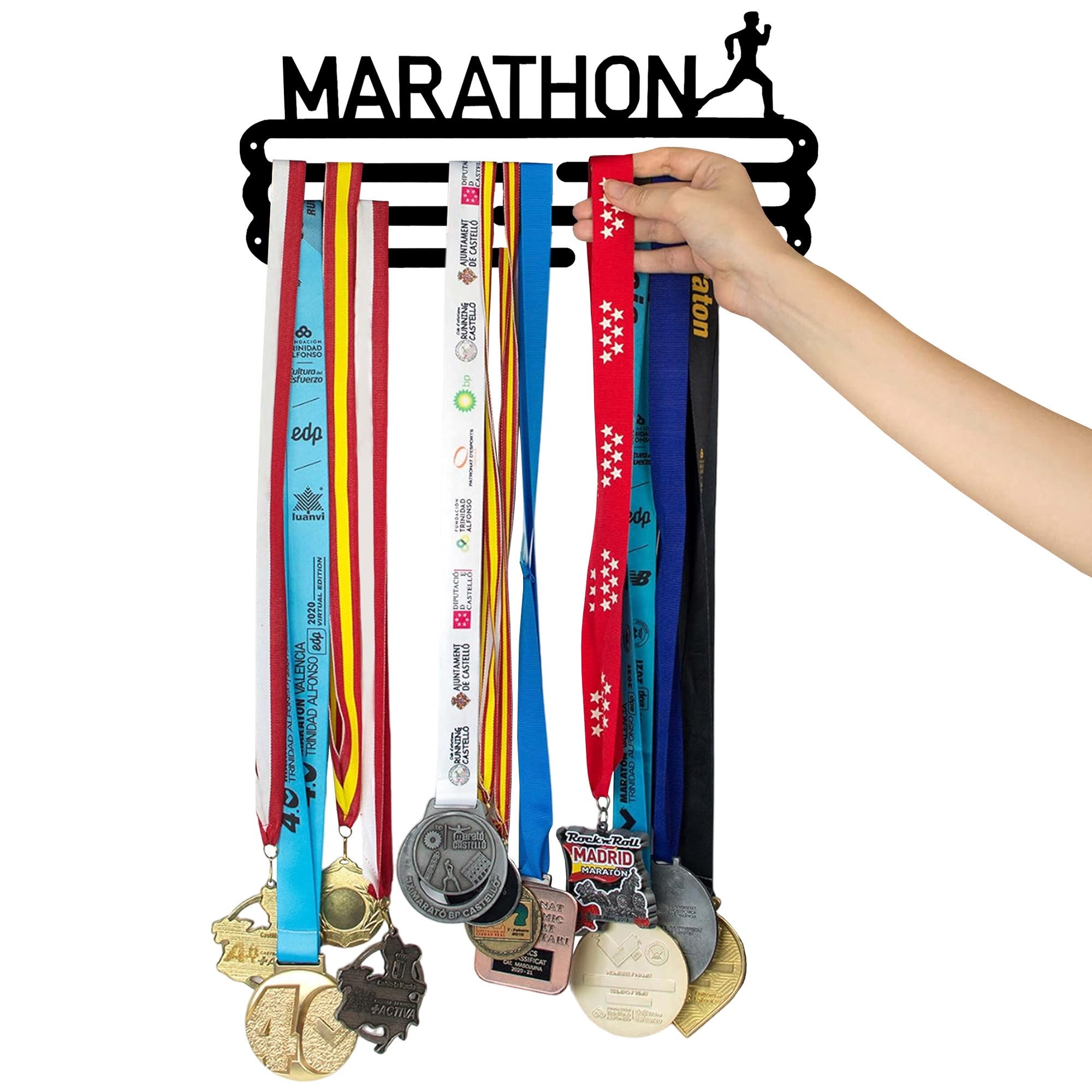 Porte-Médailles Marathon En Bois - Présentoir Pour Dossards Et Médailles De Course | 40x32.8 Cm