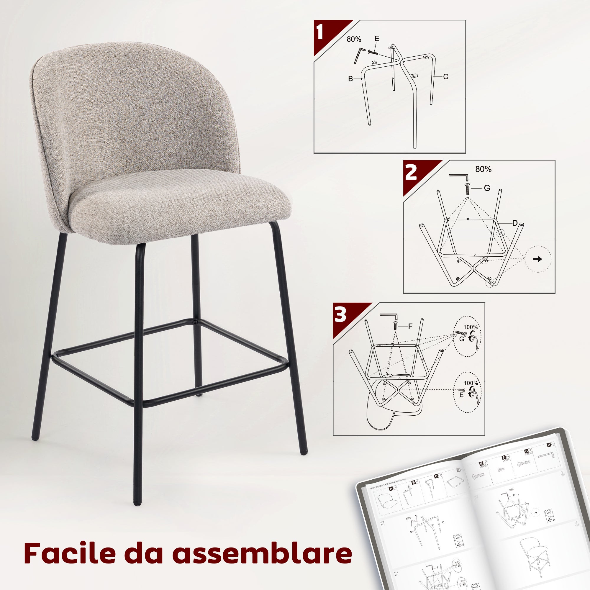 HOMCOM Set 2 Sgabelli da Bar con Schienale e Poggiapiedi, Rivestimento in Tessuto e Gambe in Acciaio, Grigio - 7