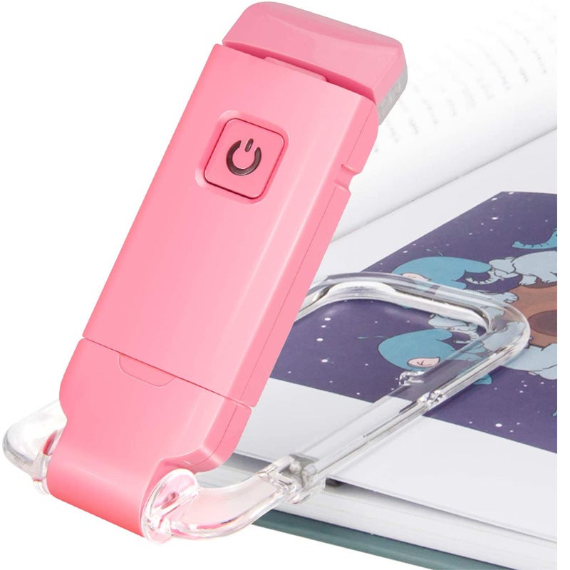 Lampka do czytania LED z akumulatorem USB i klipsem do czytania w łóżku, 3 regulowane poziomy jasności, składana, miniaturowa lampa z klipsem, różowa