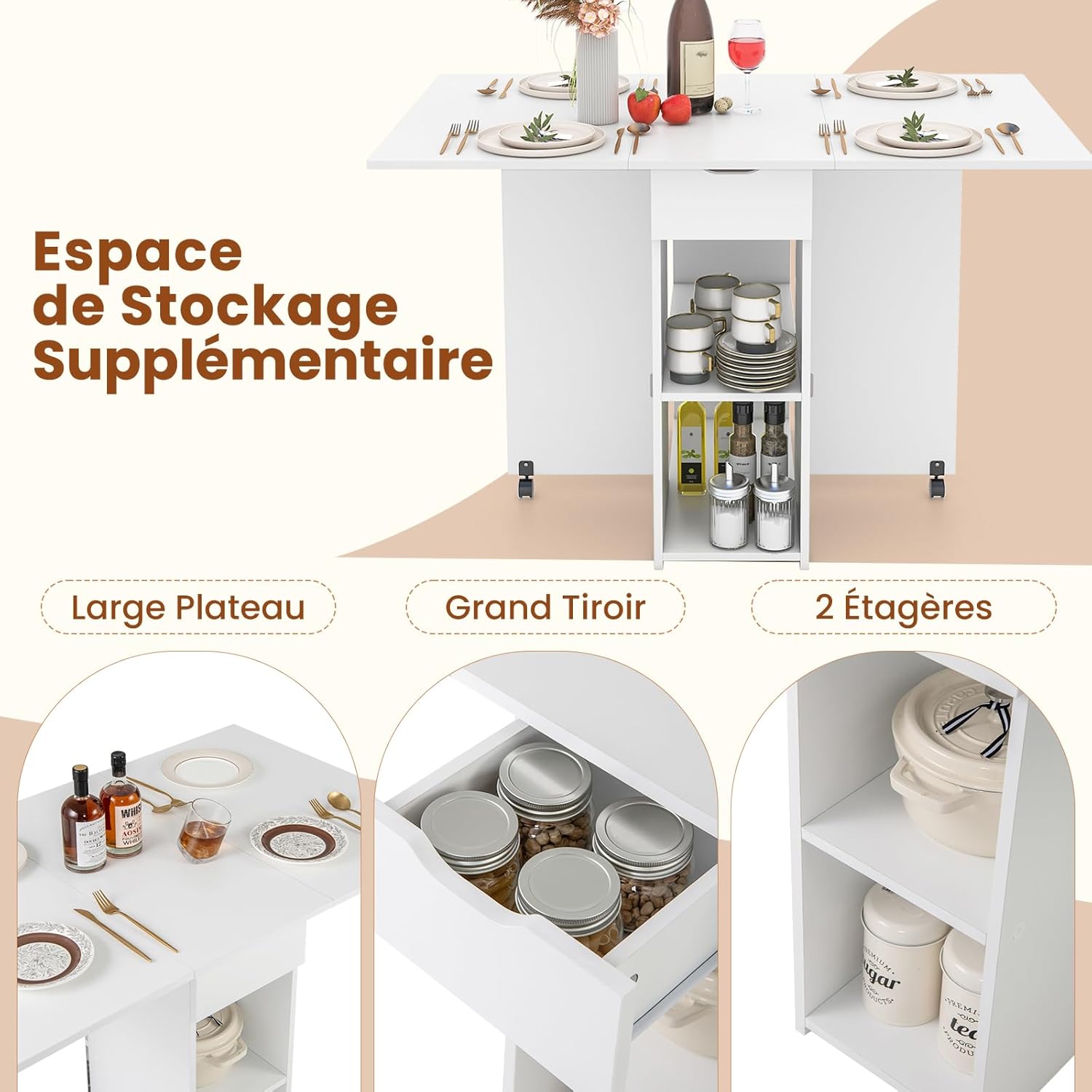 Składany Stół Mobilny z 2 Kółkami, 2-Stopniową Półką i Szufladą - Do Jadalni, Kuchni, Małego Salonu (Biały) - 5