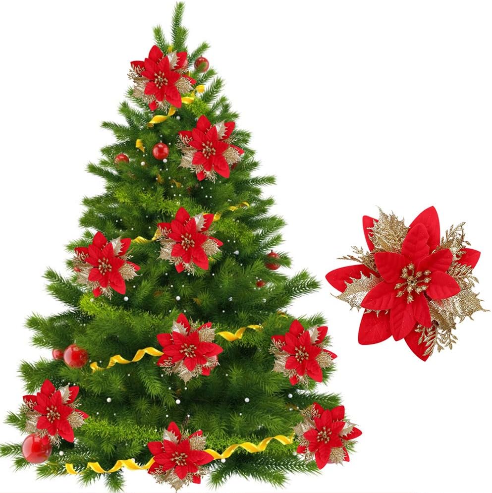 24 Pièces Glitter Fleurs de Poinsettia de Noël d’Ornement d'arbre de Noël Artificielle Fleurs de Poinsettia de Noël de Mariage pour Ornemen - 6