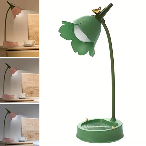 1 zielona lampa stołowa LED z kwiatami, bezprzewodowa lampa stołowa, ściemniana dotykowo, 3 poziomy temperatury barwowej 3000-6000 K