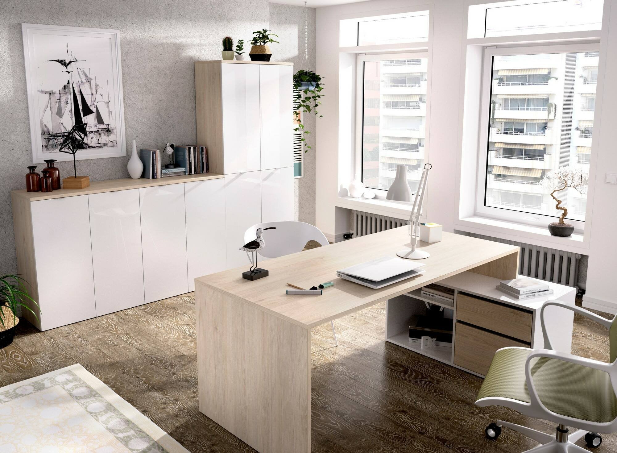 Dmora - Gardena Bureau met meerdere posities, voor kantoor of kinderkamer, multifunctionele hoekstudietafel, 139 x 92 x 75 cm, wit en eiken